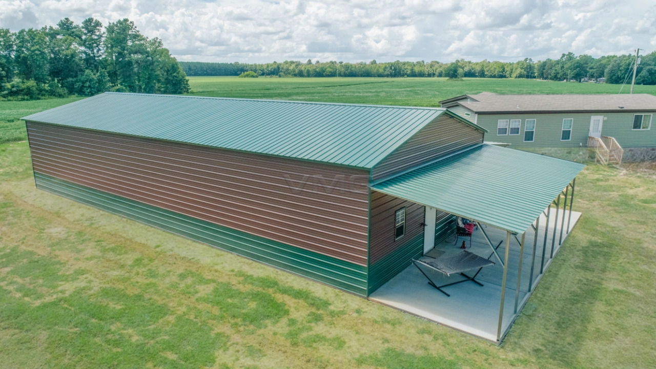 30x70x12 Steel Garage With Lean To Side View