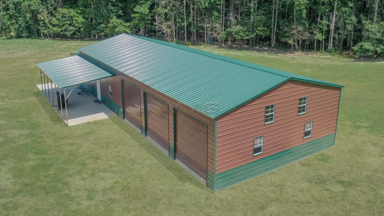 30x70x12 Steel Garage With Lean To Top View